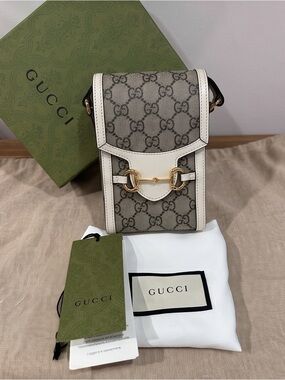 Gucci Horsebit Canvas Small Crossbody in Beige and White with Gold Hardware